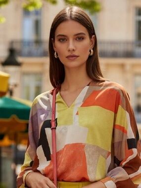 Abstract Print V-Neck Blouse - Multi